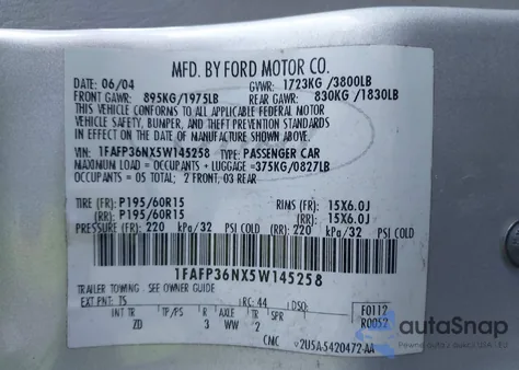 2005 Ford Focus Zxw из США, поврежденный, VIN 1FAFP36NX5W145258